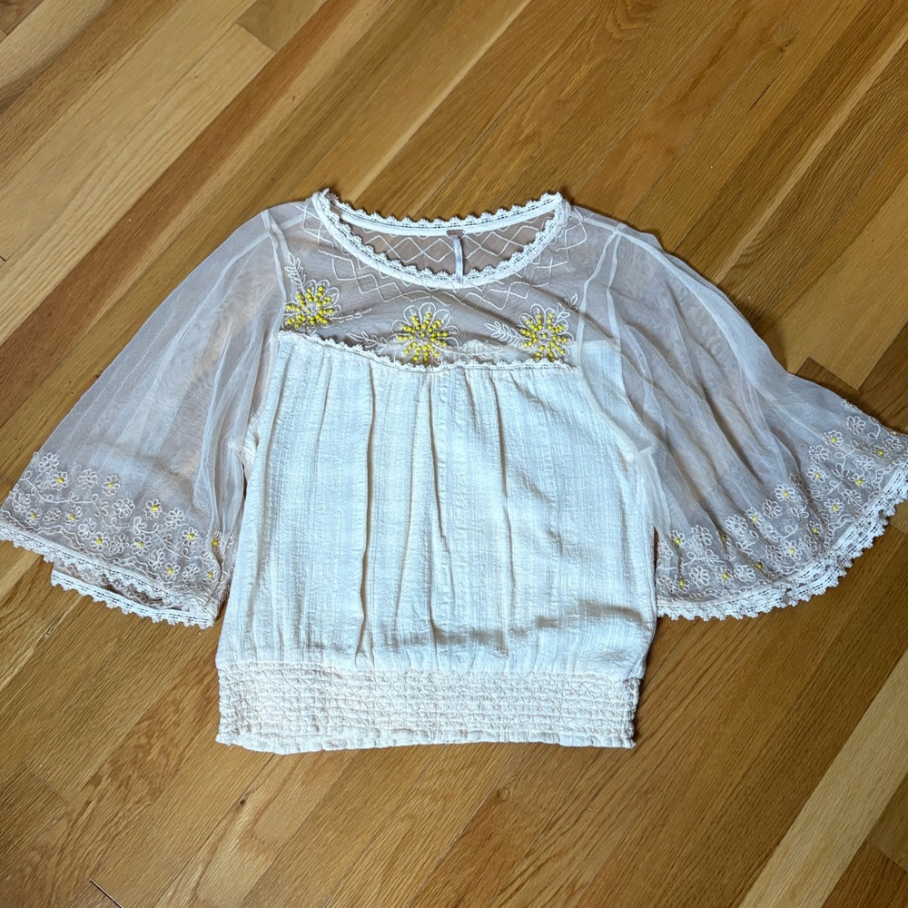 Free People Beaded Pleated Ruffled Peasant Blouse